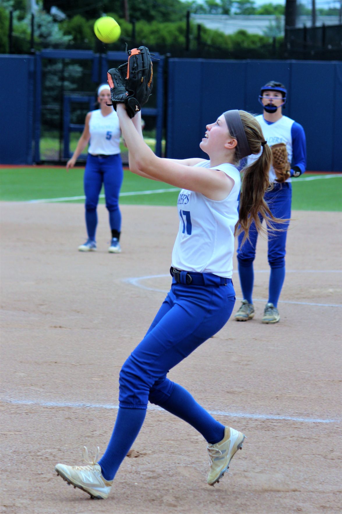 Wildwood Catholic's first baseman Noelle Probst catches a popup in the first inning of Sunday's state Non-Public B championship game against Immaculate Heart.